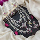 Vriksham Classic 3 Layer Tear Drop Design American Diamond Long Neckpiece-Red-G20231